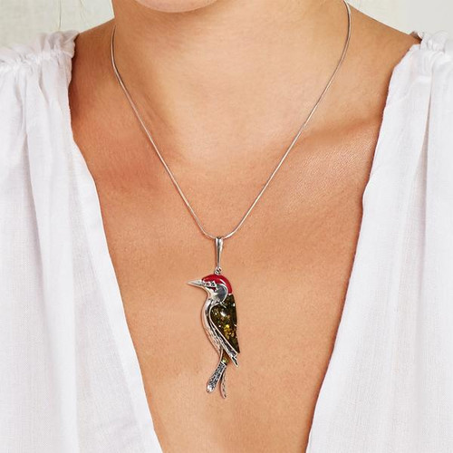 Henryka Ladies Silver, Coral And Amber Large Woodpecker Bird Necklace PH801/S-AAG-CH4