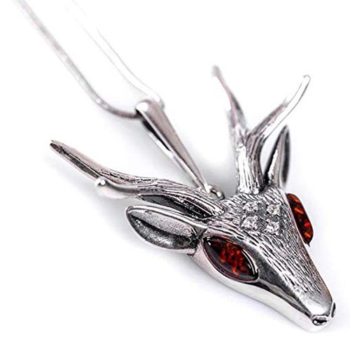 Henryka Ladies Silver And Cognac Amber Large Stag Head 18" Necklace PH600-COS