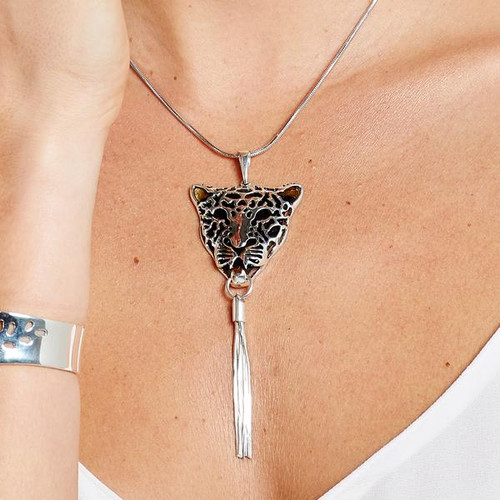 Henryka Ladies Silver And Amber Leopard Head Necklace BW-050-STU