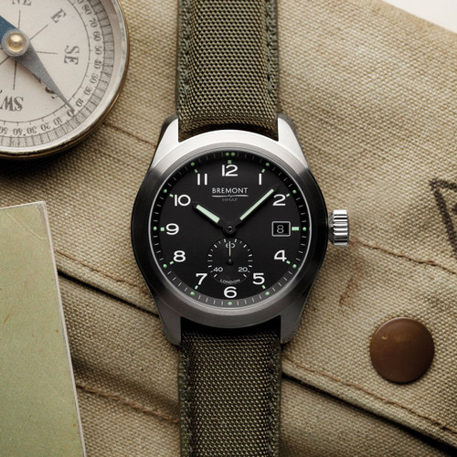 Bremont Men's Broadsword Automatic Chronometer Sapphire Black Dial Khaki Green Sailcloth Strap Watch HMAF-Broadsword-D