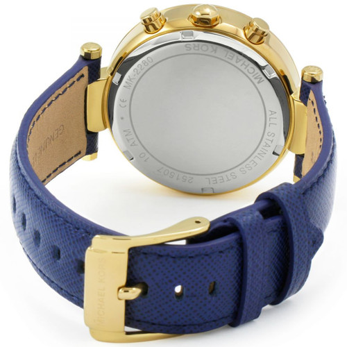Michael Kors Parker Ladies Crystals Chronograph Gold PVD Case Blue Leather Strap Watch MK2280