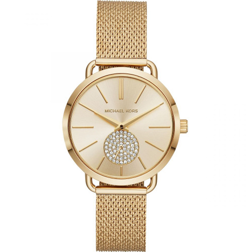 Michael Kors Portia Ladies Crystals Gold PVD Mesh Bracelet Watch MK3844