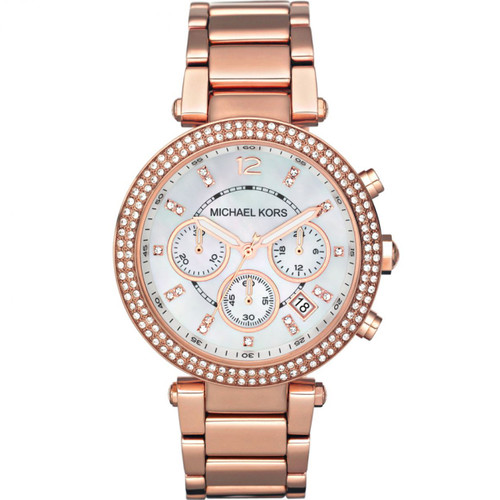Michael Kors Parker Ladies Chronograph White Mother Of Pearl Dial Crystals Rose Gold PVD Bracelet Watch MK5491