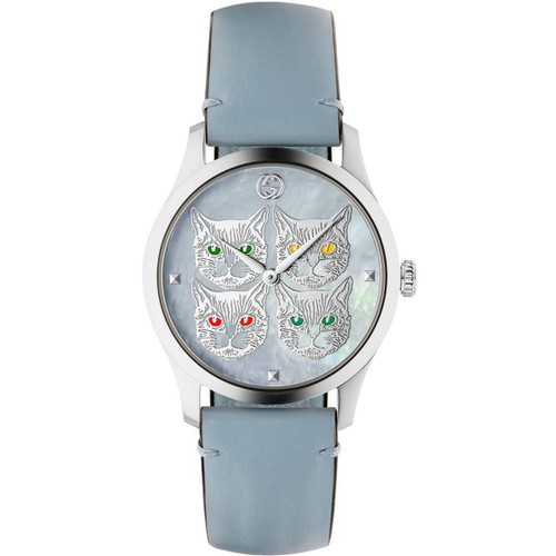 Gucci G-Timeless Contemporary Ladies Sapphire Cat Motif Blue Leather Strap Watch Ya1264124