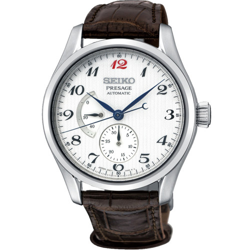 Seiko Presage Automatic Power Reserve Sapphire White Dial Brown Leather Strap Watch SPB059J1