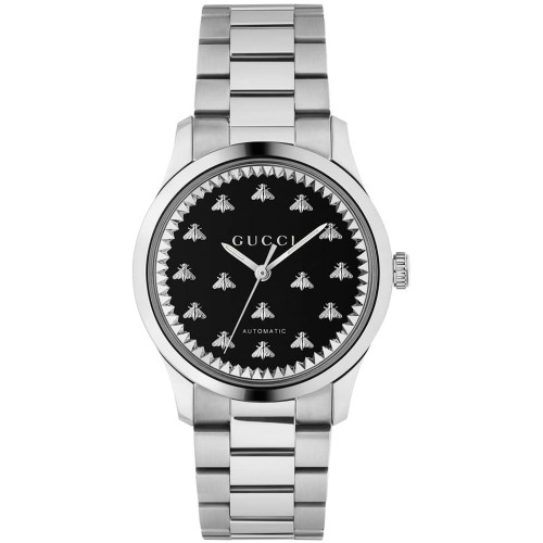 Gucci G-Timeless Unisex Sapphire Automatic Black Onyx Dial Bee Motif Silver Bracelet Watch YA1264130