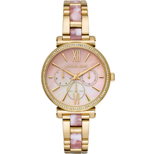 Michael Kors Sofie Ladies Crystals Pink Mother Of Pearl Dial Gold Bracelet Watch MK4344