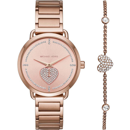 Michael Kors Portia Ladies Heart Crystals Rose Gold Watch And Bracelet Gift Set MK3827