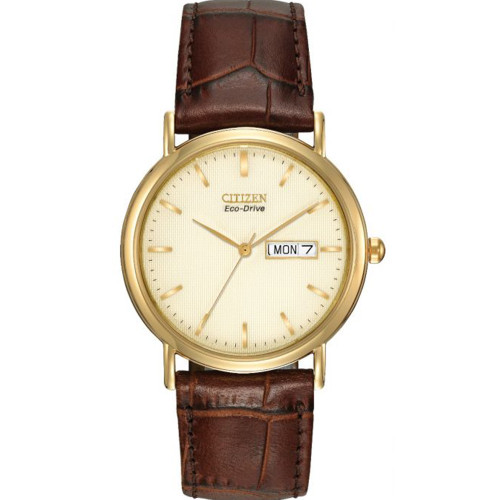 Citizen Men's Eco-Drive Champagne Dial Gold Plated Case Brown Leather Strap Watch BM8242-08P