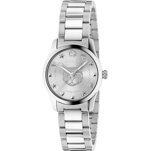 Gucci G-Timeless Ladies Sapphire Feline Head Motif Silver Bracelet Watch YA126595