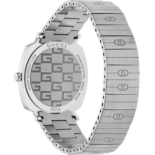 Gucci Grip Unisex Sapphire 35mm Case GG Engraved Silver Bracelet Watch YA157401