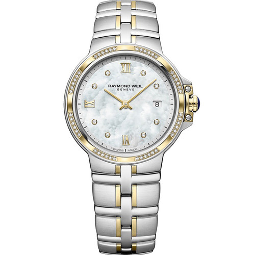 Raymond Weil Parsifal Ladies Sapphire 56 Diamonds Mother Of Pearl Dial Two-Tone Gold PVD Bracelet Watch 5180-SPS-00995