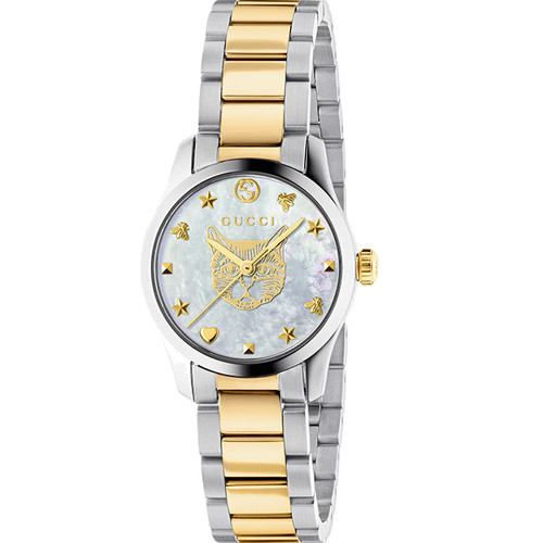 Gucci G-Timeless Ladies Sapphire White Mother Of Pearl Dial Two Tone Bracelet Watch YA1265012
