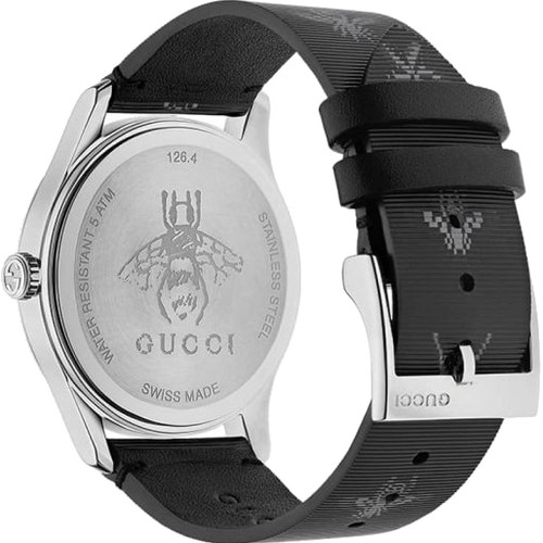 Gucci G-Timeless Ladies Sapphire Bees and Stars Motif Dial Black Leather Strap Watch YA1264105