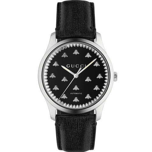 Gucci G-Timeless Men's Sapphire Automatic Black Onyx Dial Bee Motif Leather strap Watch YA126286
