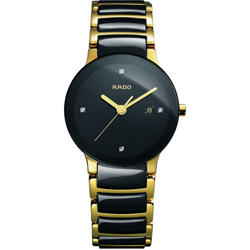 Rado Ladies Centrix Diamond S Sapphire Gold PVD Case Black Dial Ceramic Bracelet Watch R30930712