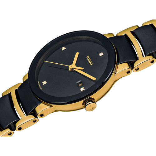 Rado Ladies Centrix Diamond S Sapphire Gold PVD Case Black Dial Ceramic Bracelet Watch R30930712