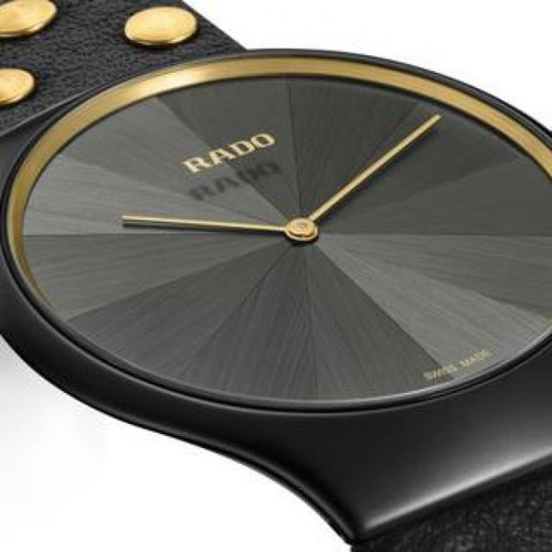 Rado Unisex True Thinline Limited Edition Sapphire Black High Tech Ceramic Black Leather Studded Strap Watch R27012105