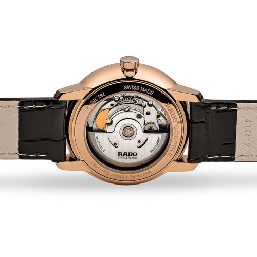 Rado Men's Coupole Classic L Sapphire Automatic Rose Gold PVD Case Black Leather Strap Watch R22861165