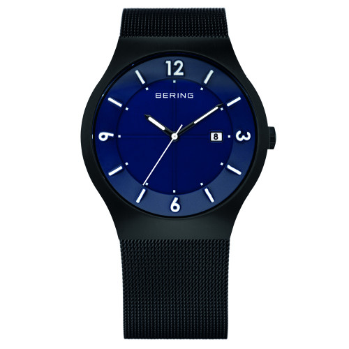 Bering Mens Solar Powered Blue Dial Black Mesh Strap Watch 14440-227