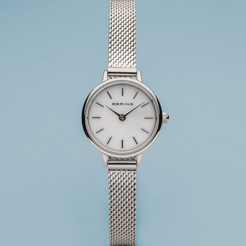 Bering Ladies Classic Polished Silver Sapphire White Dial Milanese Bracelet Watch 11022-004