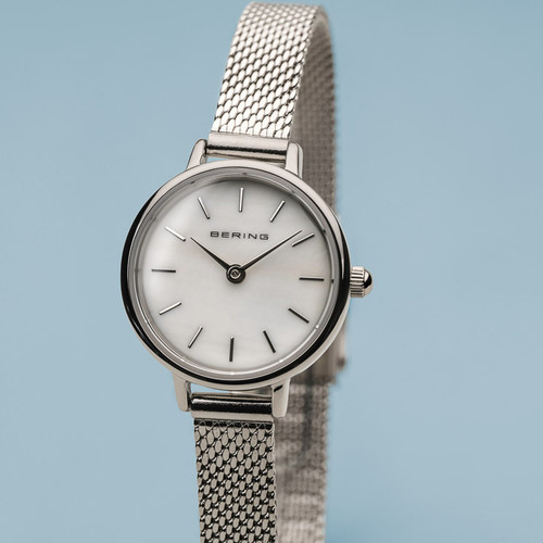 Bering Ladies Classic Polished Silver Sapphire White Dial Milanese Bracelet Watch 11022-004