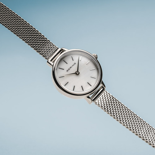 Bering Ladies Classic Polished Silver Sapphire White Dial Milanese Bracelet Watch 11022-004