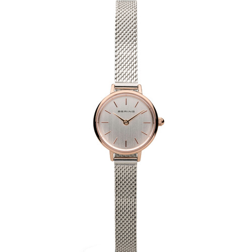 Bering Ladies Classic Polished Rose Gold Sapphire Silver Milanese Bracelet Watch 11022-064