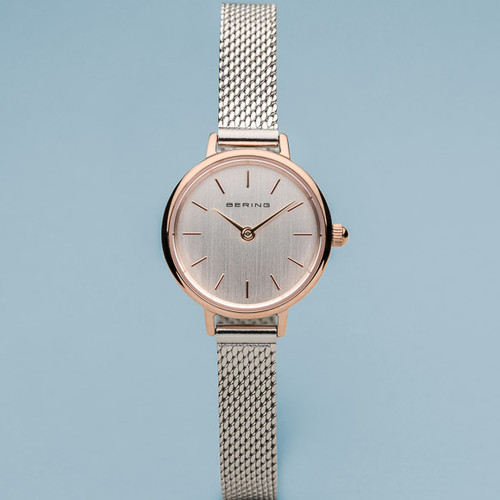 Bering Ladies Classic Polished Rose Gold Sapphire Silver Milanese Bracelet Watch 11022-064