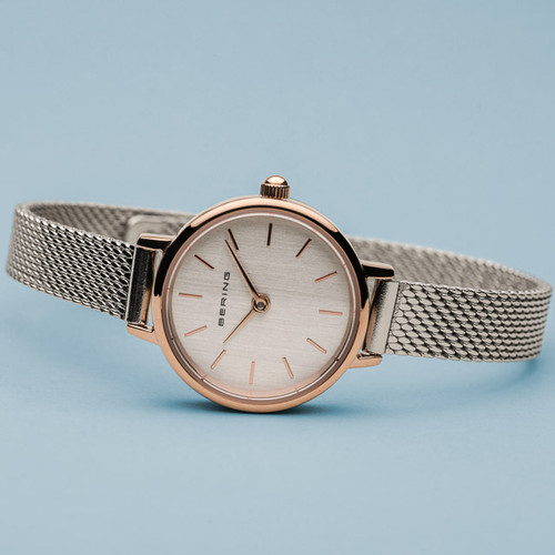 Bering Ladies Classic Polished Rose Gold Sapphire Silver Milanese Bracelet Watch 11022-064