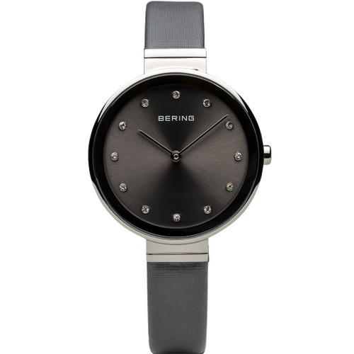 Bering Ladies Classic Grey Dial Swarovski Crystals Leather Strap Sapphire Watch 12034-609