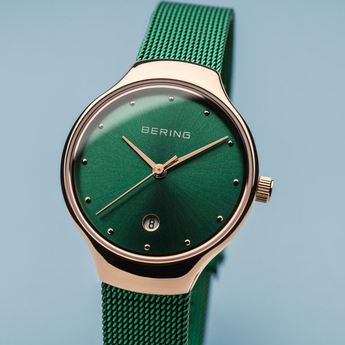 Bering Ladies Classic Sapphire Green Dial Milanese Bracelet Watch 13326-868