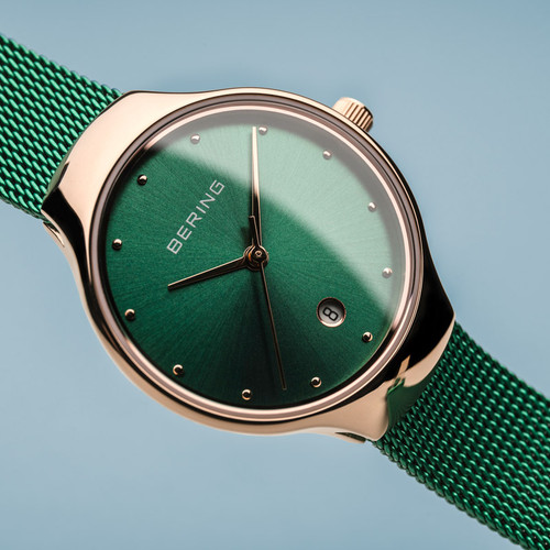 Bering Ladies Classic Sapphire Green Dial Milanese Bracelet Watch 13326-868