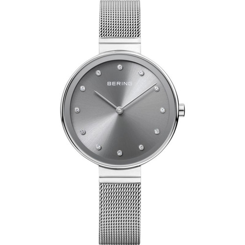 Bering Ladies Classic Grey Dial Swarovski Crystals Silver Bracelet Watch 12034-009