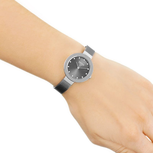 Bering Ladies Ceramic Grey Dial Swarovski Crystals Silver Bracelet Watch 11429-389