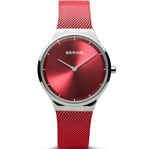 Bering Ladies Classic Polished Silver Sapphire Red Dial Milanese Bracelet Watch 12131-303