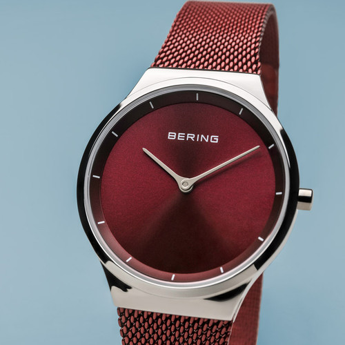 Bering Ladies Classic Polished Silver Sapphire Red Dial Milanese Bracelet Watch 12131-303