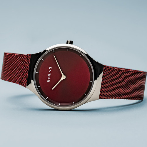 Bering Ladies Classic Polished Silver Sapphire Red Dial Milanese Bracelet Watch 12131-303