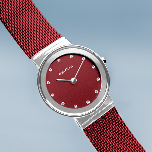 Bering Ladies Classic Red Dial Swarovski Crystals Bracelet Watch 10126-303