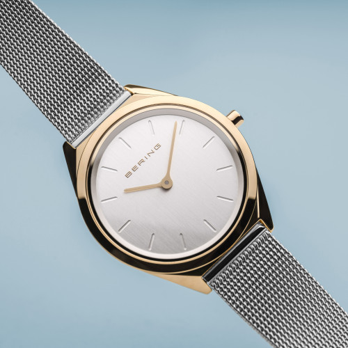 Bering Ultra Slim Polished Gold Silver Dial Milanese Bracelet Watch 17031-010