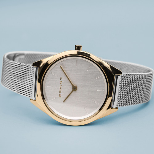 Bering Ultra Slim Polished Gold Silver Dial Milanese Bracelet Watch 17031-010