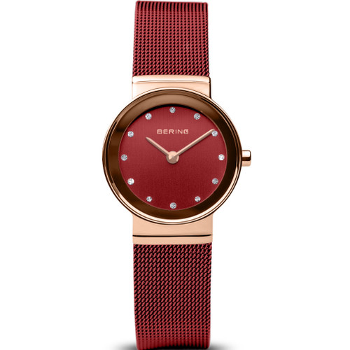 Bering Ladies Classic Red Dial Swarovski Crystals Bracelet Watch 10126-363