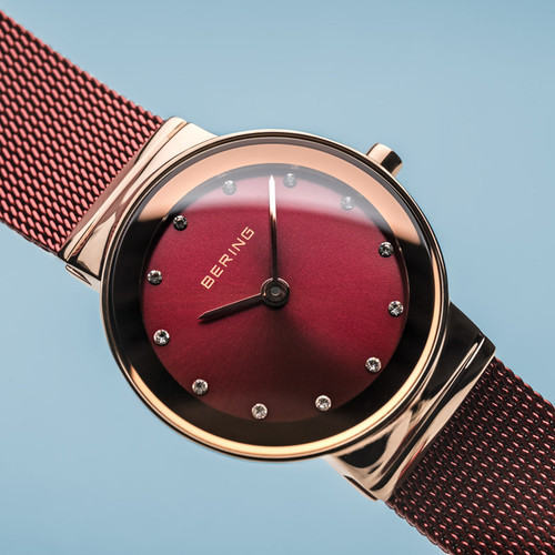 Bering Ladies Classic Red Dial Swarovski Crystals Bracelet Watch 10126-363