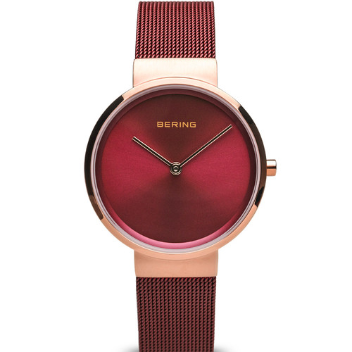 Bering Polished Rose Gold Classic Red Dial Milanese Bracelet Watch 14531-363