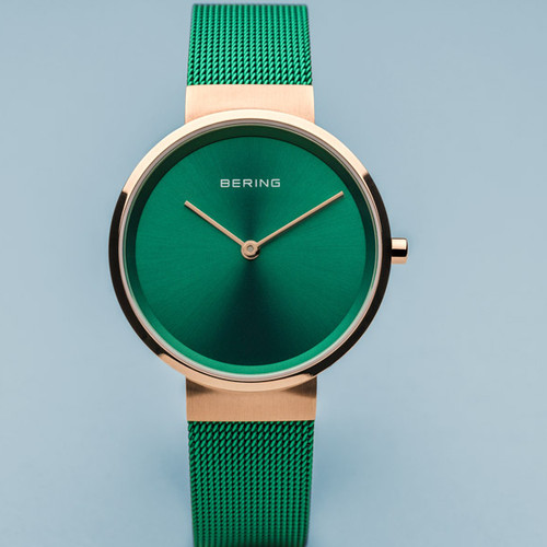 Bering Polished Rose Gold Classic Green Dial Milanese Bracelet Watch 14531-868