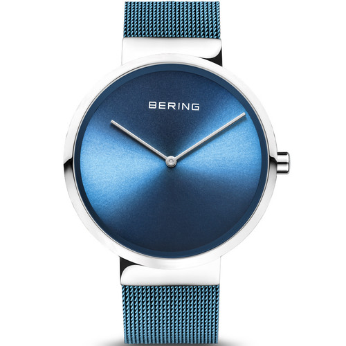 Bering Polished Silver Classic Sapphire Blue Dial Milanese Bracelet Watch 14539-308