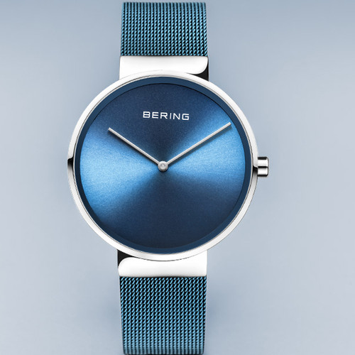 Bering Polished Silver Classic Sapphire Blue Dial Milanese Bracelet Watch 14539-308