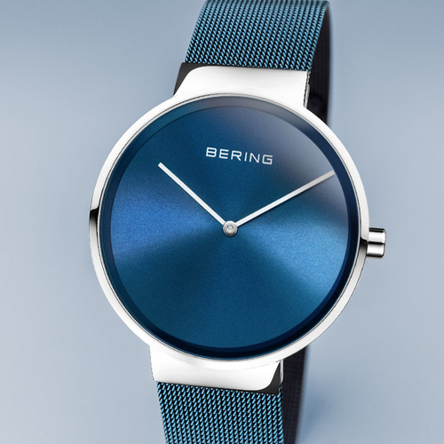 Bering Polished Silver Classic Sapphire Blue Dial Milanese Bracelet Watch 14539-308