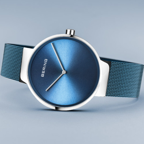 Bering Polished Silver Classic Sapphire Blue Dial Milanese Bracelet Watch 14539-308