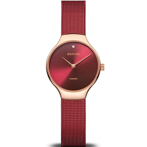 Bering Ladies Charity Red Dial With Diamond Milanese Bracelet Watch 13326-CHARITY